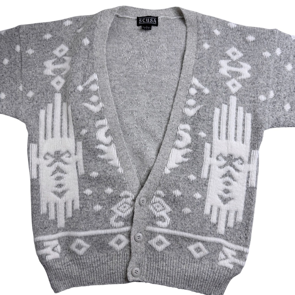 Scusa Vintage Mens Large Grey White Southwestern Geometric Knit Cardigan Sweater
